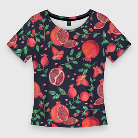 Женская футболка 3D Slim с принтом Красные гранаты на темном фоне в Тюмени,  |  | greensoul | pomegranate | гранат | гранаты | красные гранаты | красные фрукты | фрукт | фрукты | цветы граната