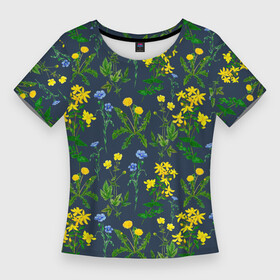 Женская футболка 3D Slim с принтом Одуванчики и другие полевые цветы  ботанический паттерн в Тюмени,  |  | Тематика изображения на принте: botanical | flowers | greensoul | herbs | ботаника | ботанический | зверобой | луговые цветы | одуванчик | полевые растения | полевые цветы | растения | растительный | цветочный | цветы
