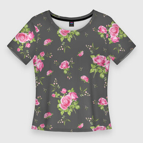 Женская футболка 3D Slim с принтом Розовые розы на сером фоне в Тюмени,  |  | flowers | greensoul | pink flowers | pink roses | roses | роза | розовые розы | розовые цветы | розы | цветок | цветочный | цветы