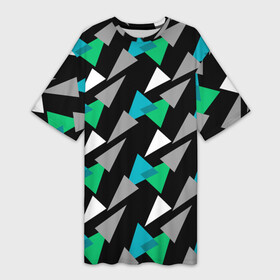Платье-футболка 3D с принтом Разноцветные треугольники на черном фоне в Тюмени,  |  | Тематика изображения на принте: геометрический узор | зеленый | серый | темный узор | треугольники
