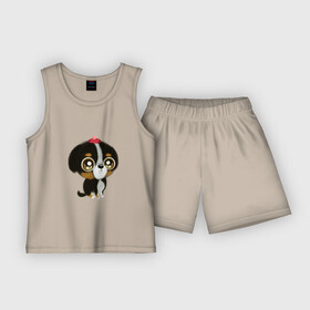 Детская пижама с шортами хлопок с принтом Puppy in a beret в Тюмени,  |  | beret | cute | funny | paw | pet | puppy | берет | домашнее животное | забавный | лапа | милый | щенок