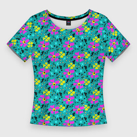Женская футболка 3D Slim с принтом Яркий цветочный узор на бирюзовом фоне в Тюмени,  |  | бирюзовый | детский принт | летний узор | розовые цветы | цветочный узор | цветы | яркий розовый