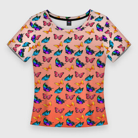 Женская футболка 3D Slim с принтом Яркие и необычные бабочки в Тюмени,  |  | жуки | крылатые | крылья | насекомые | разноцветные | узор