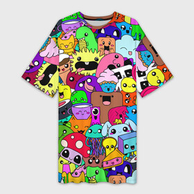 Платье-футболка 3D с принтом Монстрики Nastiprazdnik в Тюмени,  |  | donuts | lollipop | milkshake | worm | динозавр | дудл | капкейк | коала | кот | кролик | лапша | медуза | монстр | мороженка | мультяшки | мухомор | облако | панда | пончик | попкорн | радуга | слоник | суши | червяк