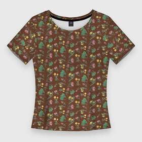 Женская футболка 3D Slim с принтом Цветы невероятной красоты на коричневом фоне в Тюмени,  |  | flor | floral | flower | herbal | клевер | лето | лютик | одуванчик | подорожник | поле | ромашки | цветочки | цветы