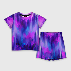 Детский костюм с шортами 3D с принтом Purple splashes в Тюмени,  |  | abstraction | blue | bright | brush | multicoloured | paint | pink | purple | splashes | абстракция | арт | брызги | кисть | краска | рисунок | розовый | синий | темный | фиолетовый | яркий