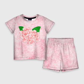Детский костюм с шортами 3D с принтом Цветы гранж в Тюмени,  |  | Тематика изображения на принте: акварельные цветы | гранж | розовые цветы | розовый гранж | цветы