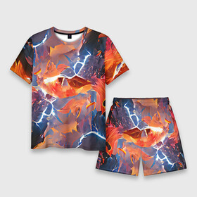 Мужской костюм с шортами 3D с принтом Fire thunder в Тюмени,  |  | abstraction | art | blue | bright | fire | lightnings | multicoloured | red | thunder | абстракция | арт | буря | гром | красный | молния | огонь | пламя | разноцветный | синий | стихия | яркий