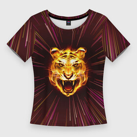 Женская футболка 3D Slim с принтом Stay Wild Tiger в Тюмени,  |  | animals | cats wild | energy | flame | stay wild | tiger | wildlife | дикая | животные | кошка дикая | линии | пламя | полёт через вселенную | тигр | энергия