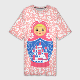 Платье-футболка 3D с принтом Матрешка в узорах в Тюмени,  |  | doll | matryoshka | pink | russia | ваниль | гжель | девочкам | девушка | кружева | кукла | матрешка | орнамент | розовые узоры | роспись | россия | русская игрушка | русская матрешка | русские народные