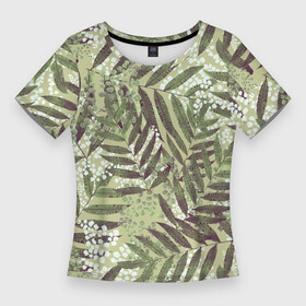 Женская футболка 3D Slim с принтом Зелёные и Белые Листья Джунглей в Тюмени,  |  | green | jungles | leaves | summer | white | белый | букет | джунгли | зелёный | лето | листья | природа | растение | флора