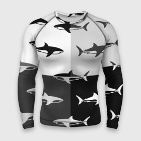 Мужской рашгард 3D с принтом Стая акул  pattern в Тюмени,  |  | fin | pack | pattern | shark | tail | акула | паттерн | плавник | стая | хвост