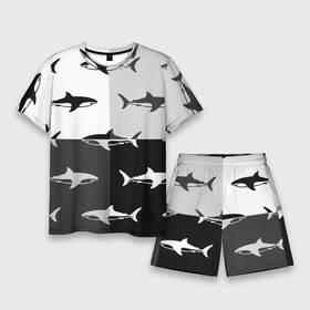 Мужской костюм с шортами 3D с принтом Стая акул  pattern в Тюмени,  |  | fin | pack | pattern | shark | tail | акула | паттерн | плавник | стая | хвост