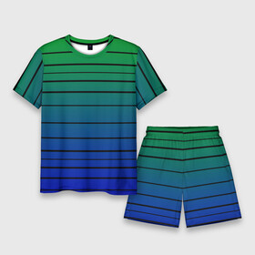 Мужской костюм с шортами 3D с принтом Черные полосы на синем, зеленом градиенте в Тюмени,  |  | black stripes | blue | gradient | green | horizontal | lines | minimalism | ombre | simple | striped | stripes | горизонталь | градиент | зеленый | линии | минимализм | омбре | полосатый | полосы | простой | синий | черные полосы