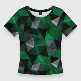 Женская футболка 3D Slim с принтом Зеленый, серый и черный геометрический в Тюмени,  |  | abstract | black | bright | geometric | gray | green | polygonal | polygons | shapes | youth | абстрактный | геометрический | зеленый | многоугольники | молодежный | полигональный | серый | фигуры | черный | яркий