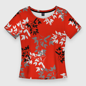 Женская футболка 3D Slim с принтом Черные и серые ветки на красном фоне в японском стиле в Тюмени,  |  | autumn | berries | berry | black | branches | china | fall | gray | japan | leaves | oriental | pattern | red | rowanberry | ветви | ветки | восток | восточный стиль | китай | красный | листья | осень | паттерн | рябина | серый | черный | ягоды | япония