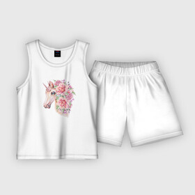 Детская пижама с шортами хлопок с принтом Белый единорог в цветах в Тюмени,  |  | Тематика изображения на принте: единорог | лошадка | лошадь | пони | цветы
