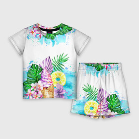 Детский костюм с шортами 3D с принтом Тропический рай и мороженое в Тюмени,  |  | акварель | акварельный | ананас | летний | лето | лист пальмы | монстера | мороженое | отдых | рисунки | рисунок | тропики | тропический | фрукты | цветы | экзотические цветы | экзотический