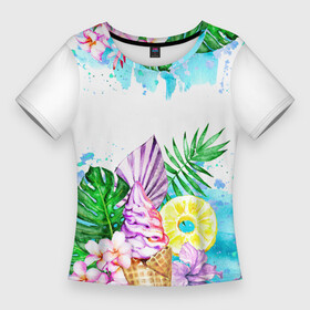 Женская футболка 3D Slim с принтом Тропический рай и мороженое в Тюмени,  |  | акварель | акварельный | ананас | летний | лето | лист пальмы | монстера | мороженое | отдых | рисунки | рисунок | тропики | тропический | фрукты | цветы | экзотические цветы | экзотический