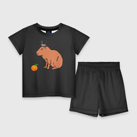 Детский костюм с шортами 3D с принтом Капибара в цилиндре в Тюмени,  |  | capybara | апельсин около капибары | капибара в шляпе | капибара мем | капибара с апельсином | морская свинка | покерфейс капибара | цилиндр