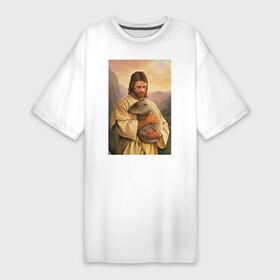Платье-футболка хлопок с принтом Иисус и капибара в Тюмени,  |  | Тематика изображения на принте: capybara | животные | звери | иисус | капибара | мем