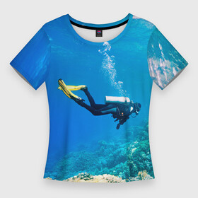 Женская футболка 3D Slim с принтом Аквалангист исследует коралловый риф в Тюмени,  |  | ammunition | coral | diver | flippers | mask | ocean | reef | аквалангист | амуниция | коралл | ласты | маска | океан | риф