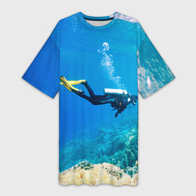 Платье-футболка 3D с принтом Аквалангист исследует коралловый риф в Тюмени,  |  | ammunition | coral | diver | flippers | mask | ocean | reef | аквалангист | амуниция | коралл | ласты | маска | океан | риф