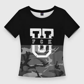 Женская футболка 3D Slim с принтом FCK gray military в Тюмени,  |  | Тематика изображения на принте: camouflage | censored | dark | fck | gray | military | phrase | text | аббревиатура | буквы | военный | камуфляж | латиница | мат | надпись | серый | слово | текст | темный | фраза