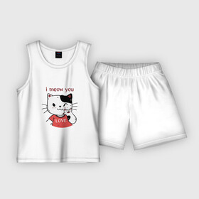 Детская пижама с шортами хлопок с принтом I meow you phrase в Тюмени,  |  | funny | kitty | love | pet | phrase | quote | white | белый | домашнее животное | забавный | любовь | мяу | фраза | цитата