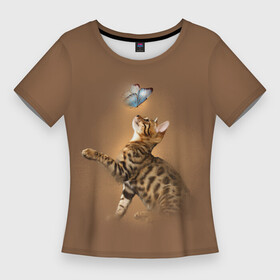 Женская футболка 3D Slim с принтом Бенгал котенок в Тюмени,  |  | bengal cat | бабочка | бенгал | бенгальская кошка | бенгальский кот | бенгальский котенок | порода бенгал | снежный бенгал