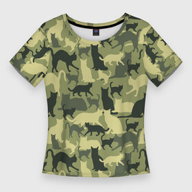 Женская футболка 3D Slim с принтом Кошачий камуфляж в зеленой гамме в Тюмени,  |  | Тематика изображения на принте: camouflage | камуфляж | коты | маскировка | паттерн