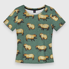 Женская футболка 3D Slim с принтом Капибары на траве в Тюмени,  |  | capybara | водосвинка | животные | капибара