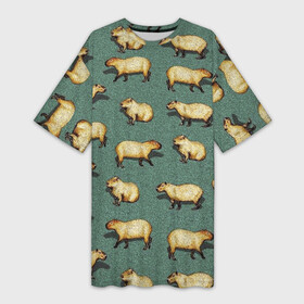 Платье-футболка 3D с принтом Капибары на траве в Тюмени,  |  | capybara | водосвинка | животные | капибара