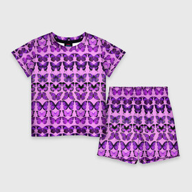 Детский костюм с шортами 3D с принтом Purple butterflies в Тюмени,  |  | Тематика изображения на принте: background | beautiful | colorful | insect | pattern | wings | бабочки | красивый | красочные | крылья | насекомое | узор | фиолетовый | фон