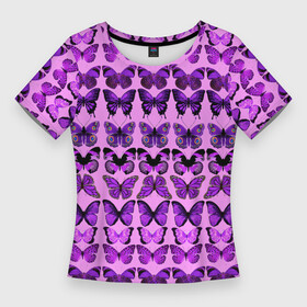 Женская футболка 3D Slim с принтом Purple butterflies в Тюмени,  |  | Тематика изображения на принте: background | beautiful | colorful | insect | pattern | wings | бабочки | красивый | красочные | крылья | насекомое | узор | фиолетовый | фон