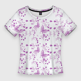 Женская футболка 3D Slim с принтом Butterfly pattern в Тюмени,  |  | Тематика изображения на принте: background | beautiful | colorful | insect | purple | wings | бабочки | красивый | красочные | крылья | насекомое | узор | фиолетовый | фон