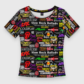Женская футболка 3D Slim с принтом Best rock ballads в Тюмени,  |  | ac dc | black sabbath | bon jovi | deep purple | guns n roses | iron maiden | kiss | led zeppelin | nirvana | pink floyd | queen | rolling stones | slayer | the beatles | u2