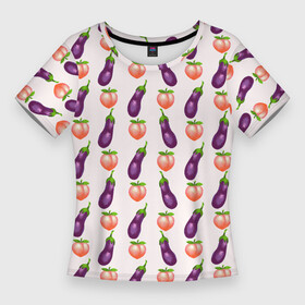 Женская футболка 3D Slim с принтом Баклажаны и персики паттерн в Тюмени,  |  | Тематика изображения на принте: баклажан | баклажаны | веганство | еда | овощи | паттерн | персик | персики | фрукты