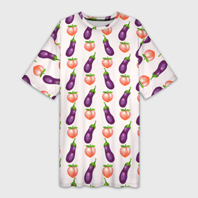 Платье-футболка 3D с принтом Баклажаны и персики паттерн в Тюмени,  |  | баклажан | баклажаны | веганство | еда | овощи | паттерн | персик | персики | фрукты