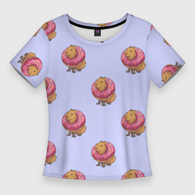 Женская футболка 3D Slim с принтом Капибара в пончике паттерн в Тюмени,  |  | capybara | kapibara | животное | капибара | пончик | пончики