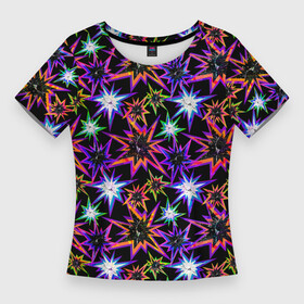 Женская футболка 3D Slim с принтом Неоновые звезды на черном в Тюмени,  |  | abstract | black | bright | green | grunge | neon | neon stars | orange | red | retro | stars | абстрактный | гранж | звезды | зеленый | красный | неоновые звезды | неоновый | оранжевый | ретро | черный | яркий