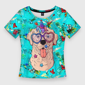 Женская футболка 3D Slim с принтом Собачка  единорог на фоне цветов в Тюмени,  |  | единорог | пес | радуга | рог | собака | собачка