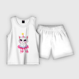 Детская пижама с шортами хлопок с принтом Белая кошечка  балерина в Тюмени,  |  | балерина | балет | белая кошка | белая пушистая | кошечка | кошка | пушистая
