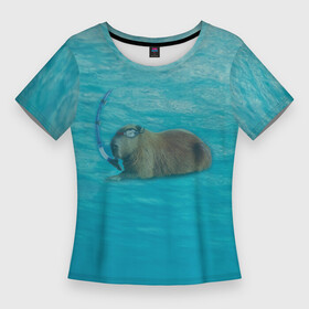 Женская футболка 3D Slim с принтом Подводный капибару в Тюмени,  |  | capybara | водосвинка | грызун | грызуны | капибара | капибары | под водой | подводный капибару