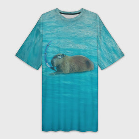 Платье-футболка 3D с принтом Подводный капибару в Тюмени,  |  | capybara | водосвинка | грызун | грызуны | капибара | капибары | под водой | подводный капибару