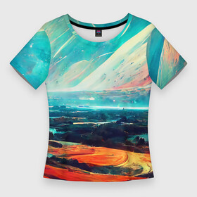 Женская футболка 3D Slim с принтом Космический ландшафт в Тюмени,  |  | art | bright | landscape | mountains | multicoloured | nature | panorama | planet | sky | space | арт | горы | космос | ландшафт | небо | панорама | пейзаж | планета | природа | разноцветный | яркий