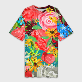 Платье-футболка 3D с принтом Multicolour of flowers в Тюмени,  |  | beautiful | bright | colorful | floral | green | multicolored | pattern | pink | yellow | букет | желтый | зеленый | красивый | красный | красочный | листья | многоцветный | радуга | разноцветный | розовый | синий | узор | фиолетовый
