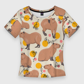 Женская футболка 3D Slim с принтом Милая капибару паттерн в Тюмени,  |  | capybara | patern | pattern | водосвинка | грызун | грызуны | капибара | капибары | патерн | паттерн