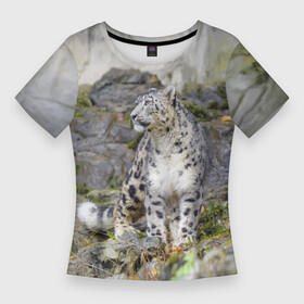 Женская футболка 3D Slim с принтом Снежный барс среди скал в Тюмени,  |  | mountains | muzzle | nature | paws | rocks | snow leopard | tail | барс | горы | камни | лапы | природа | скалы | хвост