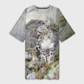 Платье-футболка 3D с принтом Снежный барс среди скал в Тюмени,  |  | mountains | muzzle | nature | paws | rocks | snow leopard | tail | барс | горы | камни | лапы | природа | скалы | хвост